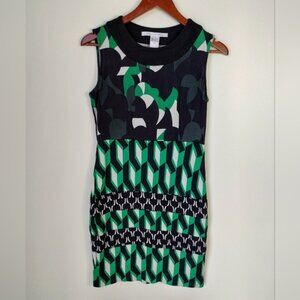 DIANE VON FURSTENBERG Silk Sleeveless Sheath Dress 4 Green Black Geo Print